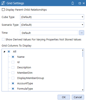 The Grid Settings dialog box includes check boxes, drop-down menus, and fields to select to update what displays on the grid. There are two rectangular blue buttons in the lower right for OK and Cancel.